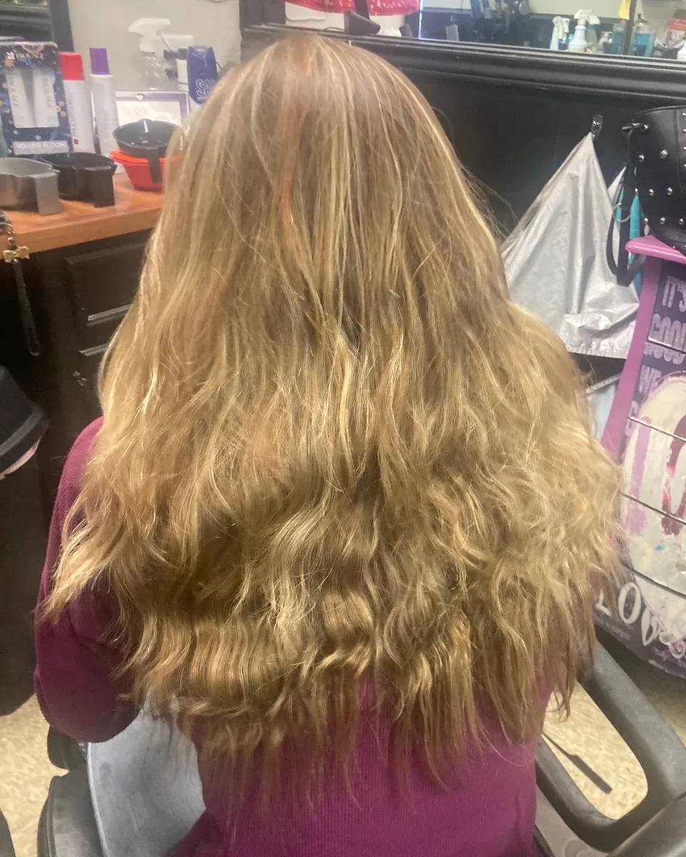 Long blonde hair before a vivid color service